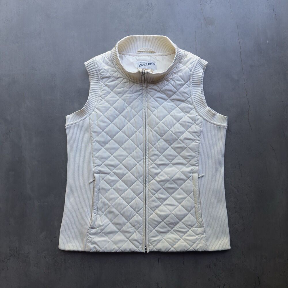Pendleton Quilted Puffer Vest Women's Small Cream Ribbed Sides Full Zip